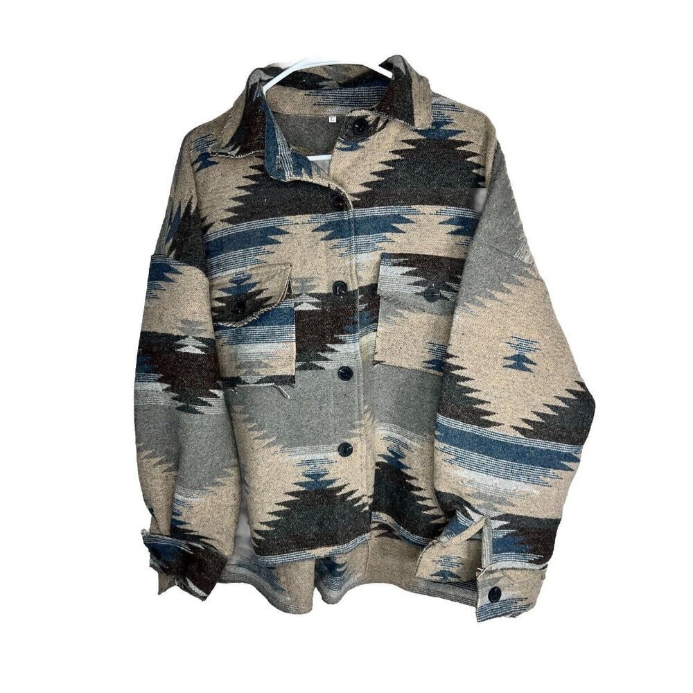 Flannel Blanket Shacket Shirt Jacket Size Large Blue Gray Southwest Aztec F1